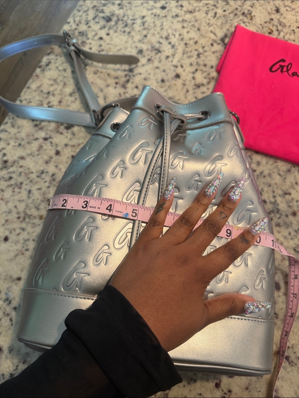 Glam-Aholic Monogram Metallic Silver Embossed Drawstring Bucket Shoulder Bag - Picture 6 of 15